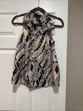 Cynthia Rowley Black, Gray & Cream Sleeveless Ruffle-Trim Blouse